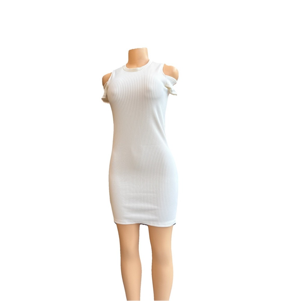 ZARA Trafaluc Women's White Ribbed Knit‎ Cold Shoulder Bodycon Dress Zip Short S
